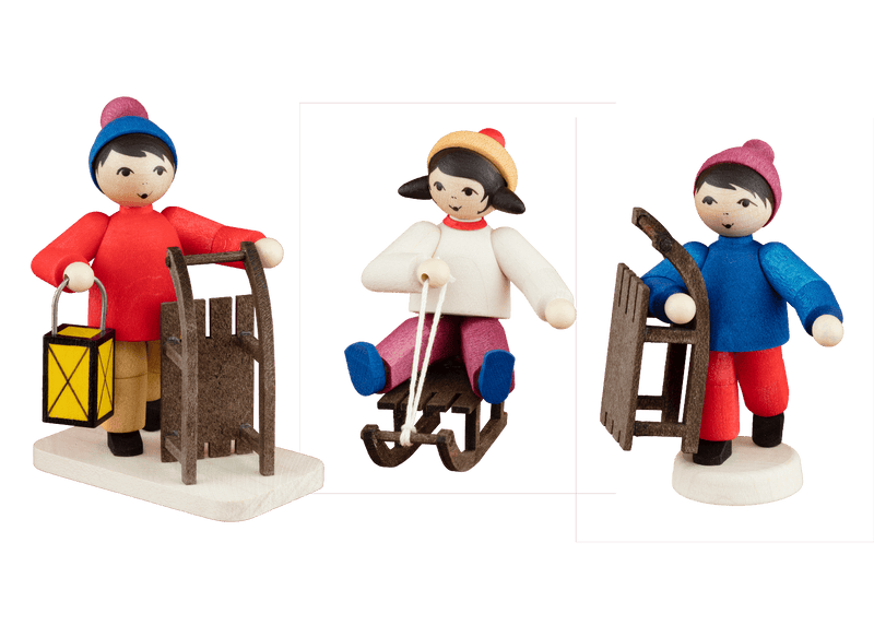 Kinder mit Schlitten 3-teilig gebeizt – Ulmik Erzgebirgische Volkskunst