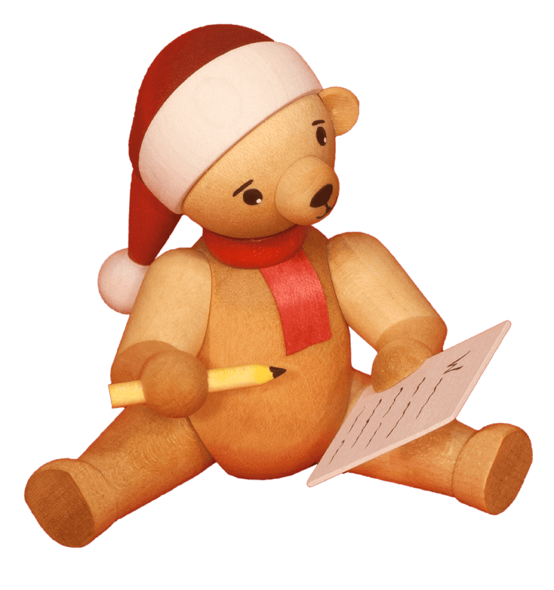 Weihnachtsbär mit Wunschzettel sitzend, Ulmik